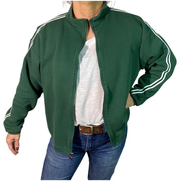 Vintage Russell Athletic Womens Green sleeve stripes Full-Zip short sweatshirt L - Picture 1 of 11